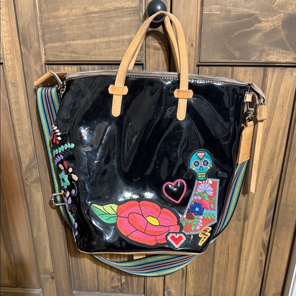 Black Patent Tote with Colorful Embroidered Floral Accents